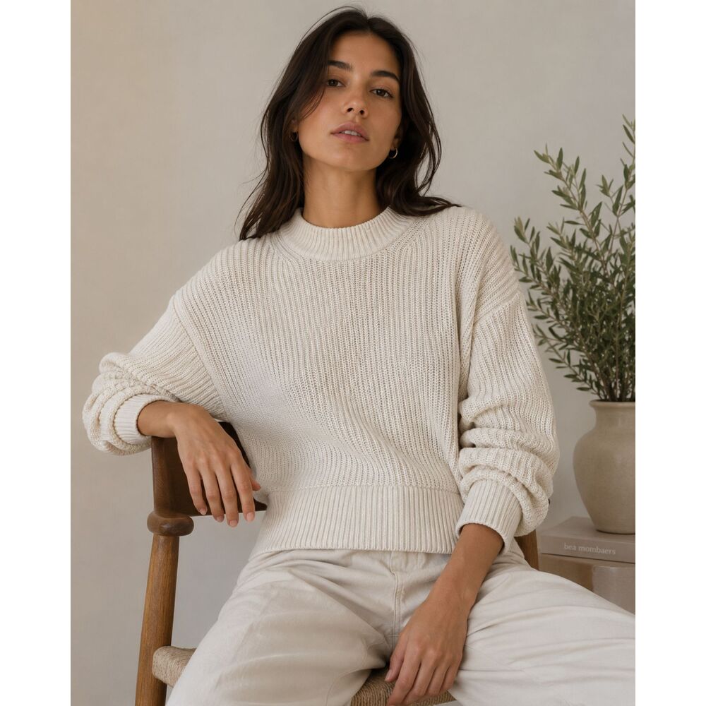 Everlane Cream Organic Cotton Pullover Mockneck Sweater Top  Women's Size Medium